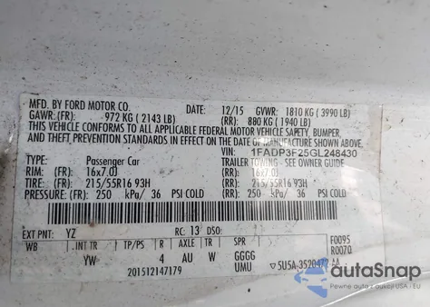 2016 Ford Focus Se из США, поврежденный, VIN 1FADP3F25GL248430